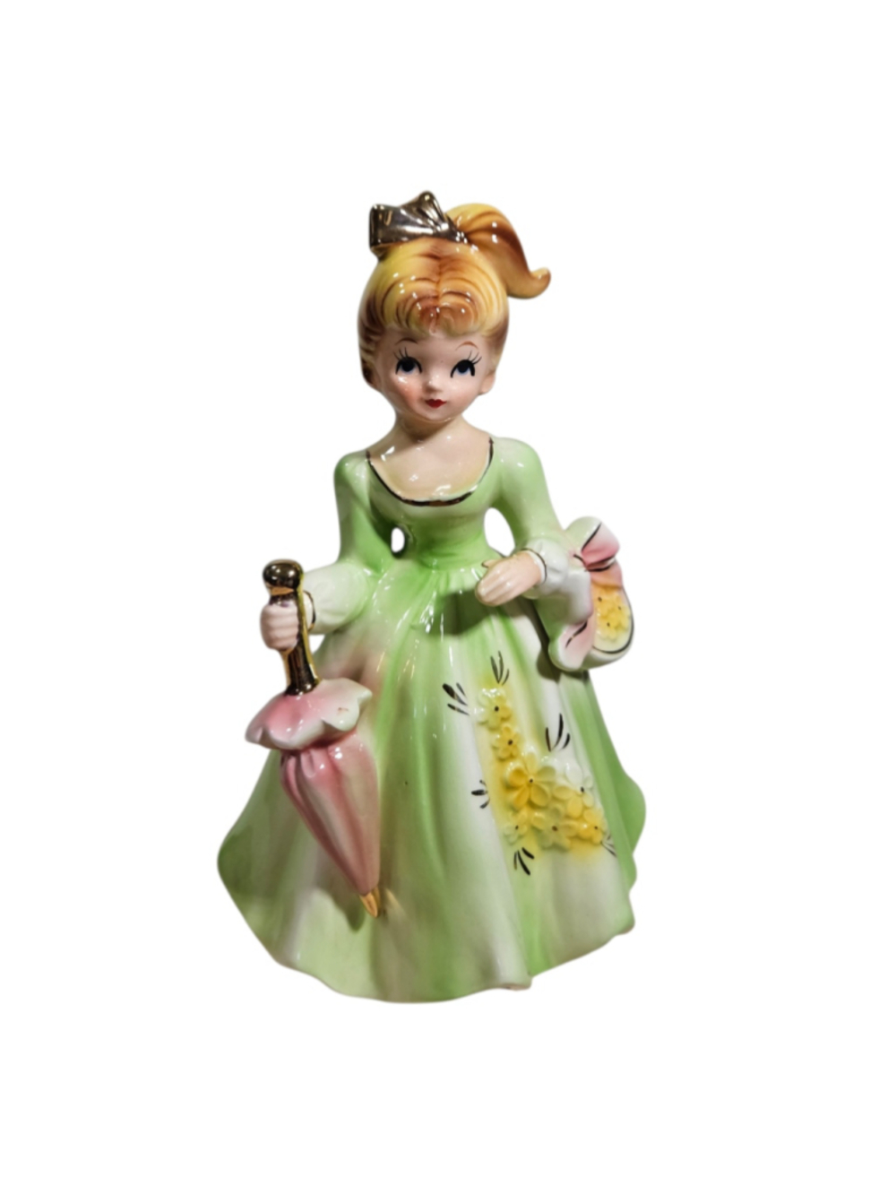 Lefton Miss Priss Style Lady Figurine #6987 Green Dress Umbrella Japan 1950s